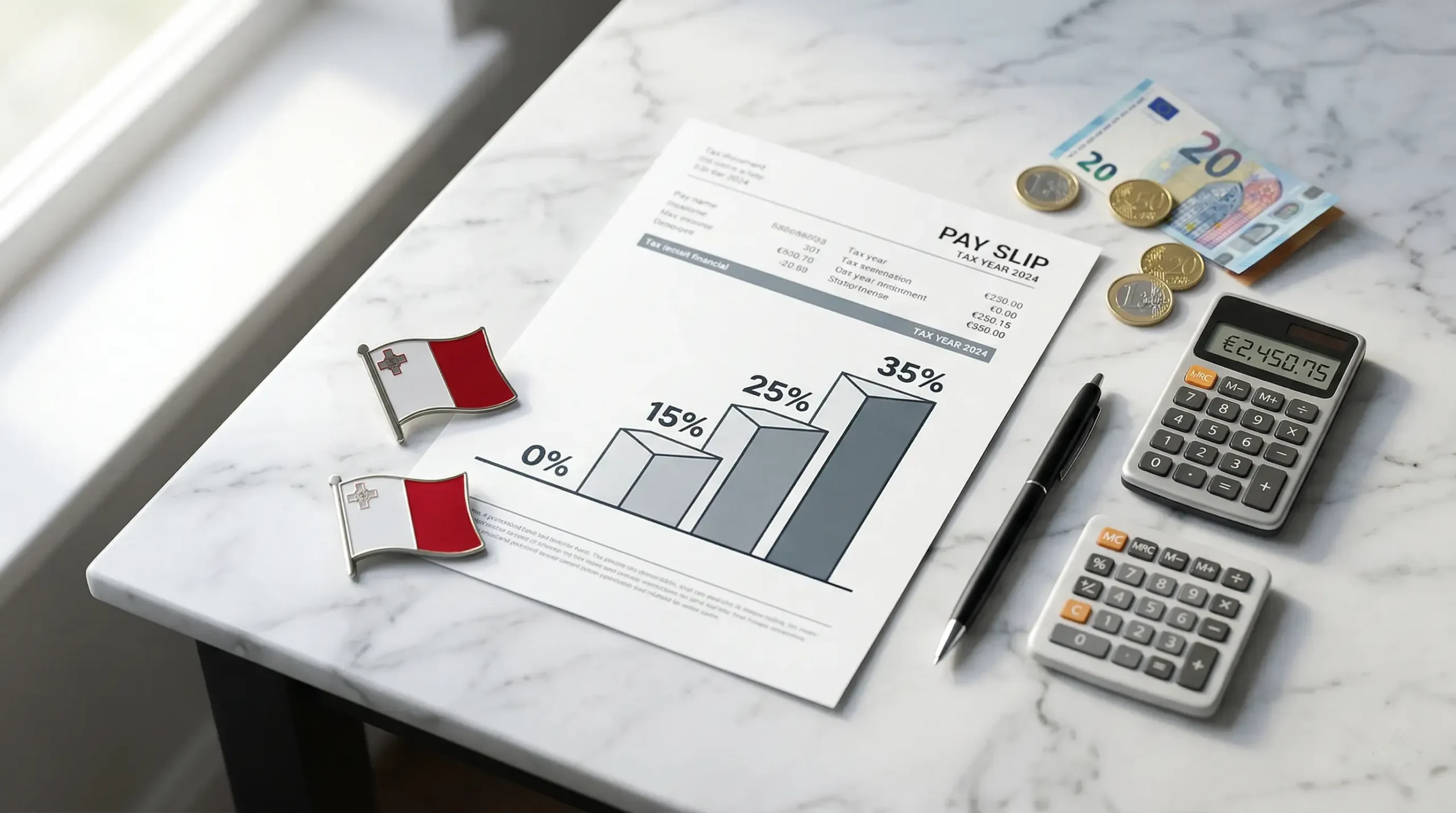 Malta income tax bands 2026 showing progressive rate brackets from 0% to 35%